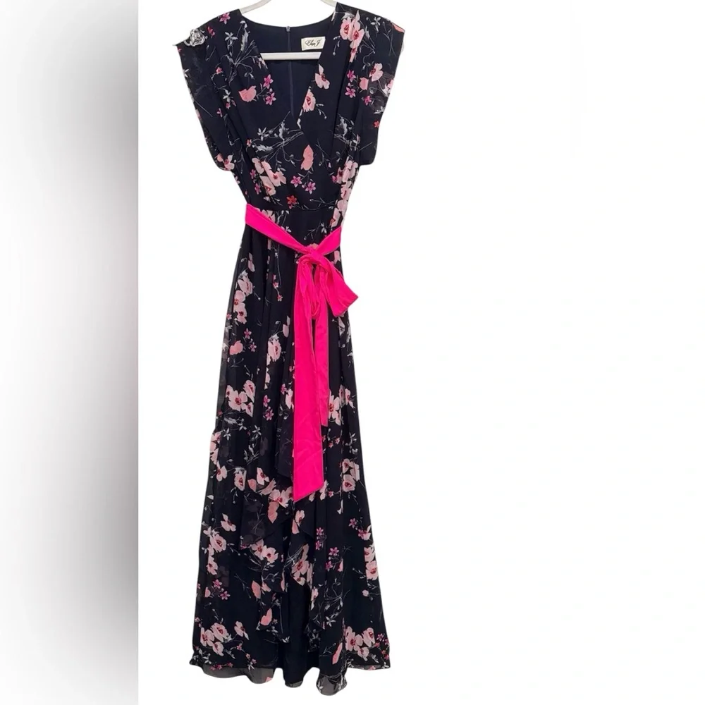 Eliza J NWT Navy and Pink Floral High-Low Maxi Dress with pink sash size 6 - Picture 10 of 14